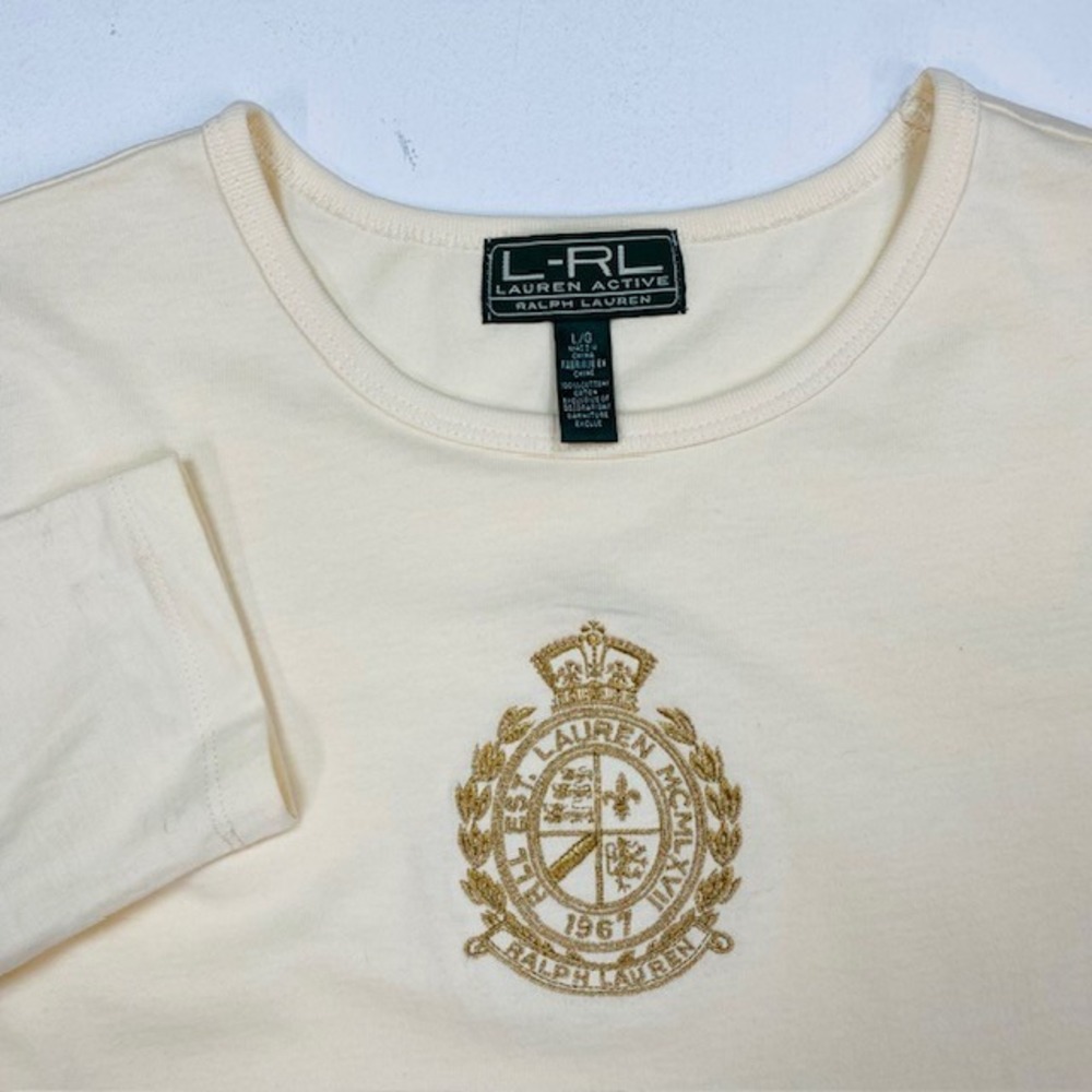 Lauren Active Ralph Lauren Cream Long Sleeve Crest Embroidered Tee Shirt L